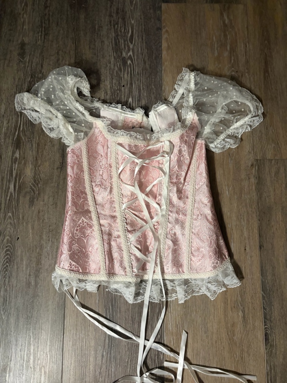 Pink Lace-Up Satin Corset Top with Sheer Puff Sleeves